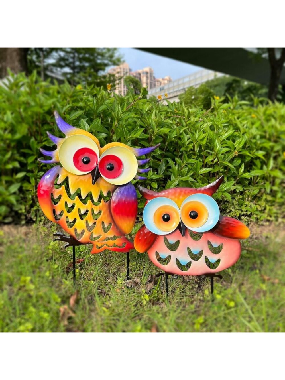 Set of 2 Colorful Metal Owl Silhouette Yard Statues - Decorative Garden